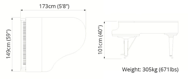 Abmessungen des Klaviers Yamaha C2