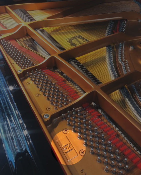 Model marking on the cast iron frame in the grand piano