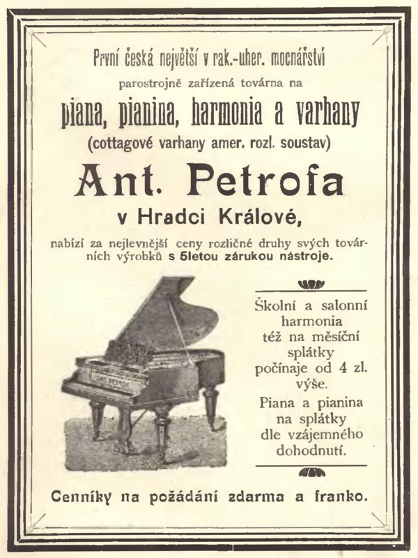 Petrof piano advertisement from 1895