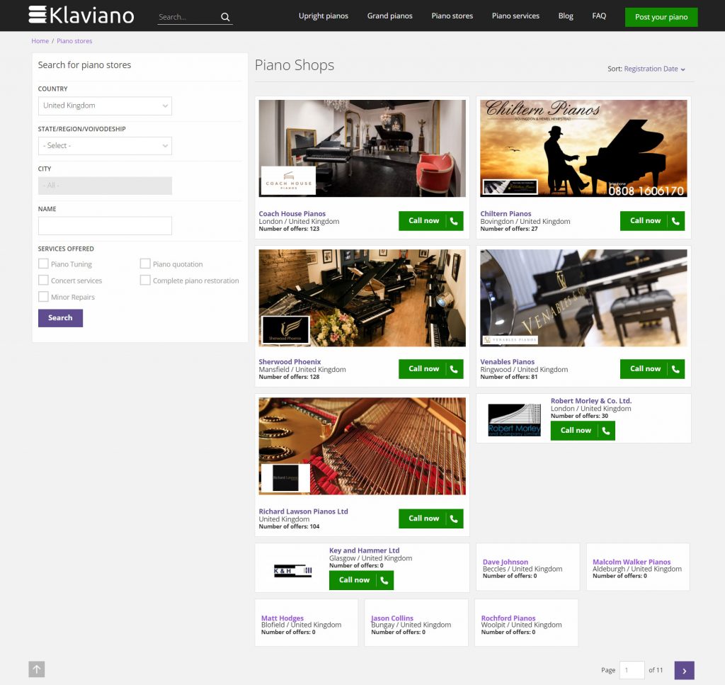 List of piano stores on Klaviano, containing store profiles (on top are salons with Prestige Piano Seller and Standard Piano Seller packages, below are other Free accounts)